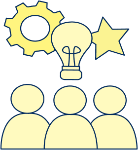 Three people with a gear, lightbulb and star overhead