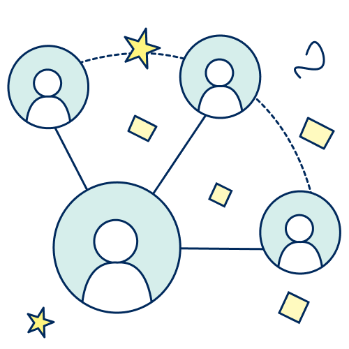 Four people in circles connected to each other with stars and confetti