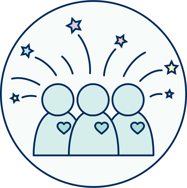 Engagement and Belonging Project Icon, featuring three figures with hearts on their chests, surrounded by stars, symbolizing support and inclusion.