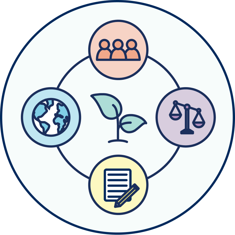 EDIA Project Icon, featuring symbols of people, the Earth, scales of justice, a plant, and a document, all connected within a circular design.