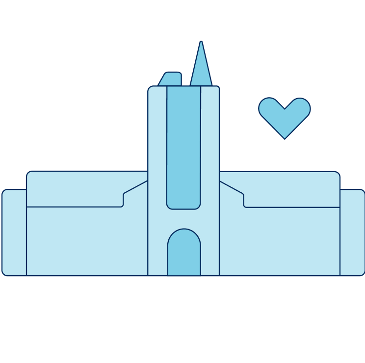 An icon of the main University College building with a heart beside it