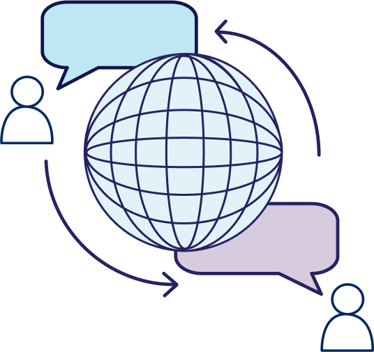 Globe with longitudinal and latitudinal axis, with two people and their respective speech bubbles