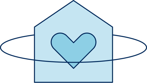 Heart inside a house circled horizontally by a solid line