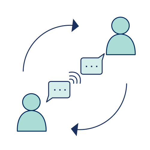 Two people with speech bubble connected in a circle by two arrows