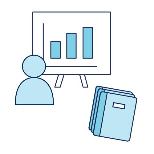 Person, standing board with a bar graph, and notebooks