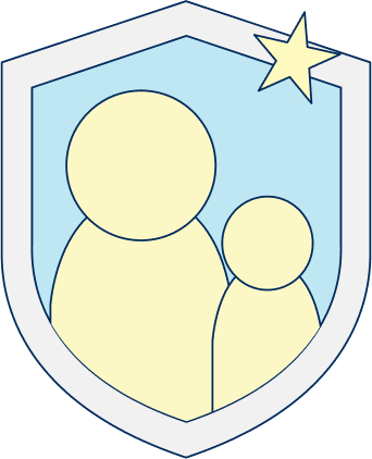 A smaller person and a larger person contained within a shield with a star. 