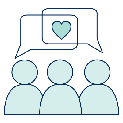 Two speech bubbles with a heart inside. Three people are standing in the foreground