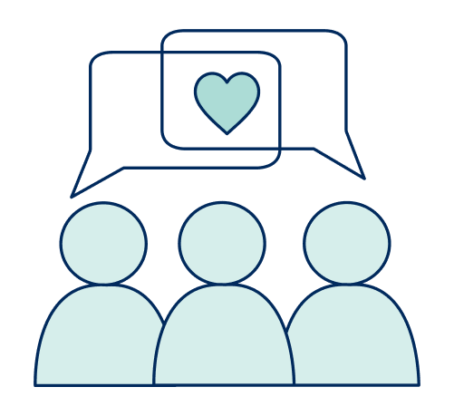 Three people under two speech bubbles, heart inside the intersection of speech bubbles