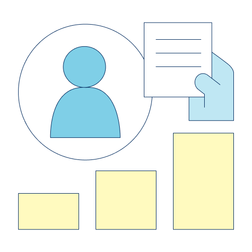 Bar graph under a person inside a circle and a hand holding a paper