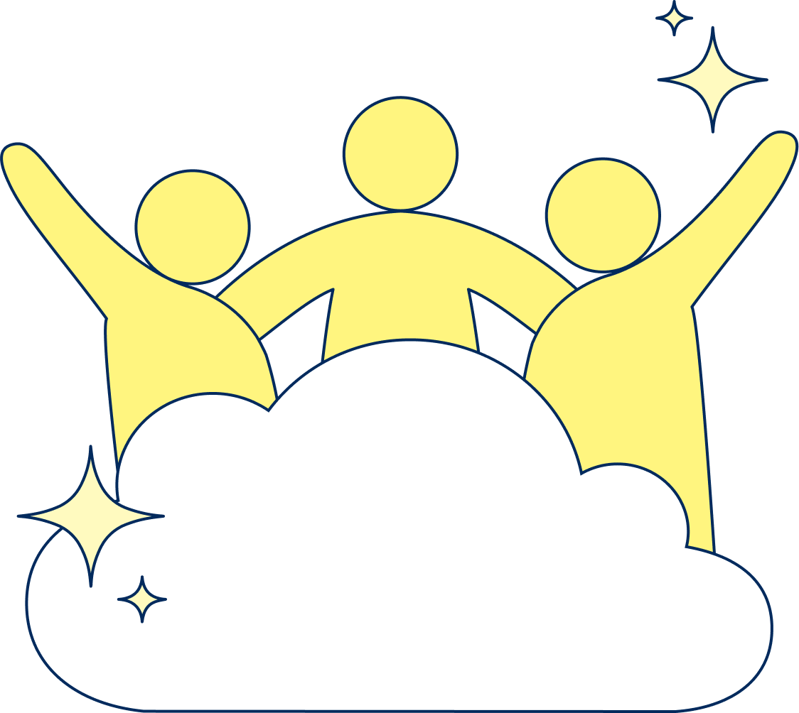 Three people arm in arm on a cloud with stars