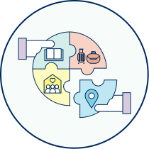 International Students Life After Graduation Project Icon, showing two hands putting four puzzle pieces together