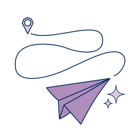 A paper airplane with a trail leading to a map marker