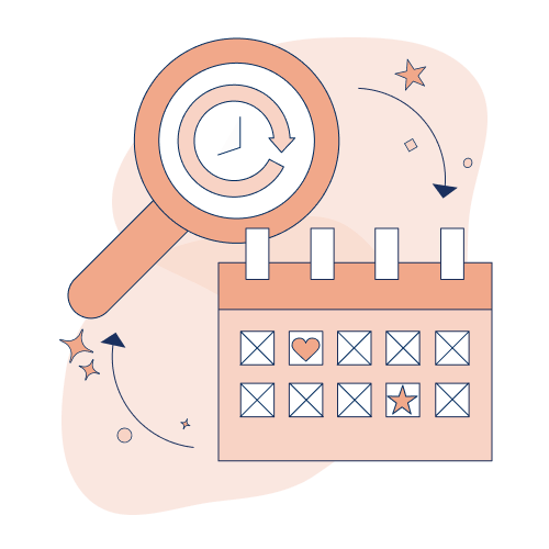 a calendar and magnifying glass with a clock inside