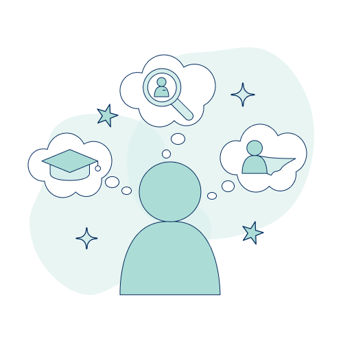 a figure with three thought clouds that contain a grad cap, magnifying glass, and figure with a cape