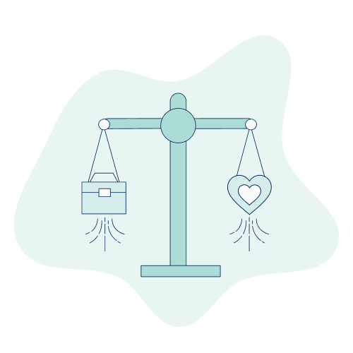 A balance scale with a briefcase on one end and a heart on the other end.