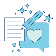 icon of a piece of paper, a pencil and a speech bubble with a heart in it, with sparkles all around