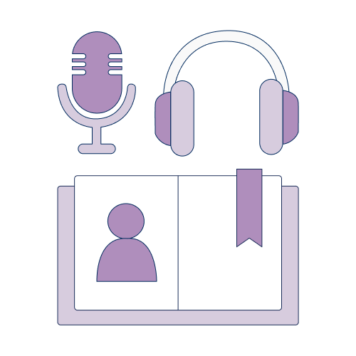 Microphone, headset, and a book with a person on the page.