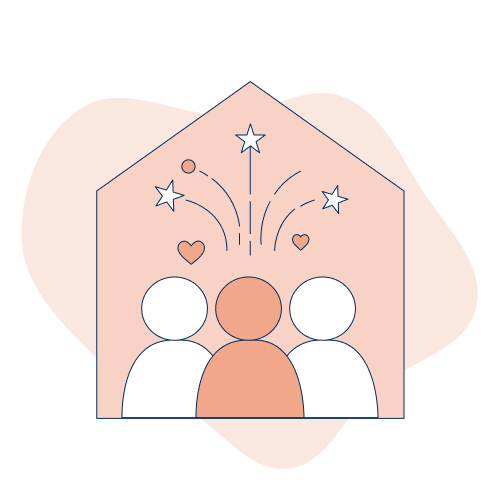 A house with three figures inside and decorative shapes flying outward.