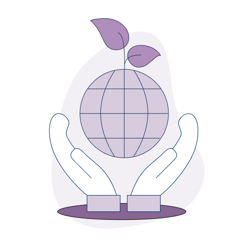 Purple globe with leaves sprouting from the top. Two hands supporting the globe from below.