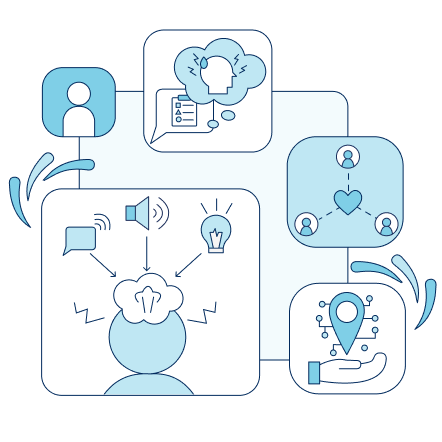 An icon with various squares with icons of connection, communication, planning, and navigation inside.