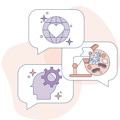 three speech bubbles that contain a heart and globe, and head and gear icon, and microscope and bacteria