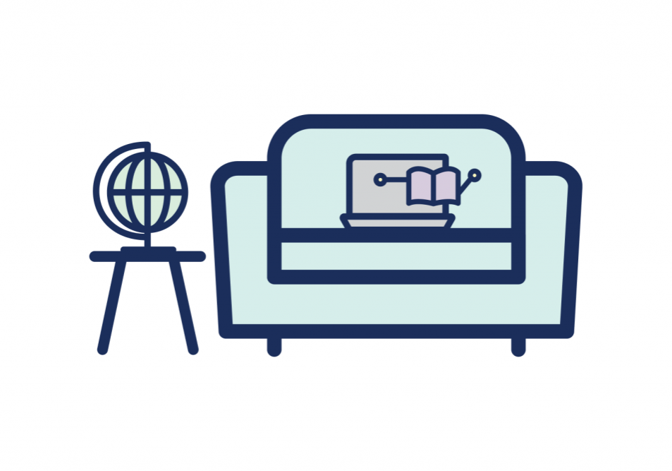 icon of a globe on a table with a couch and computer and book