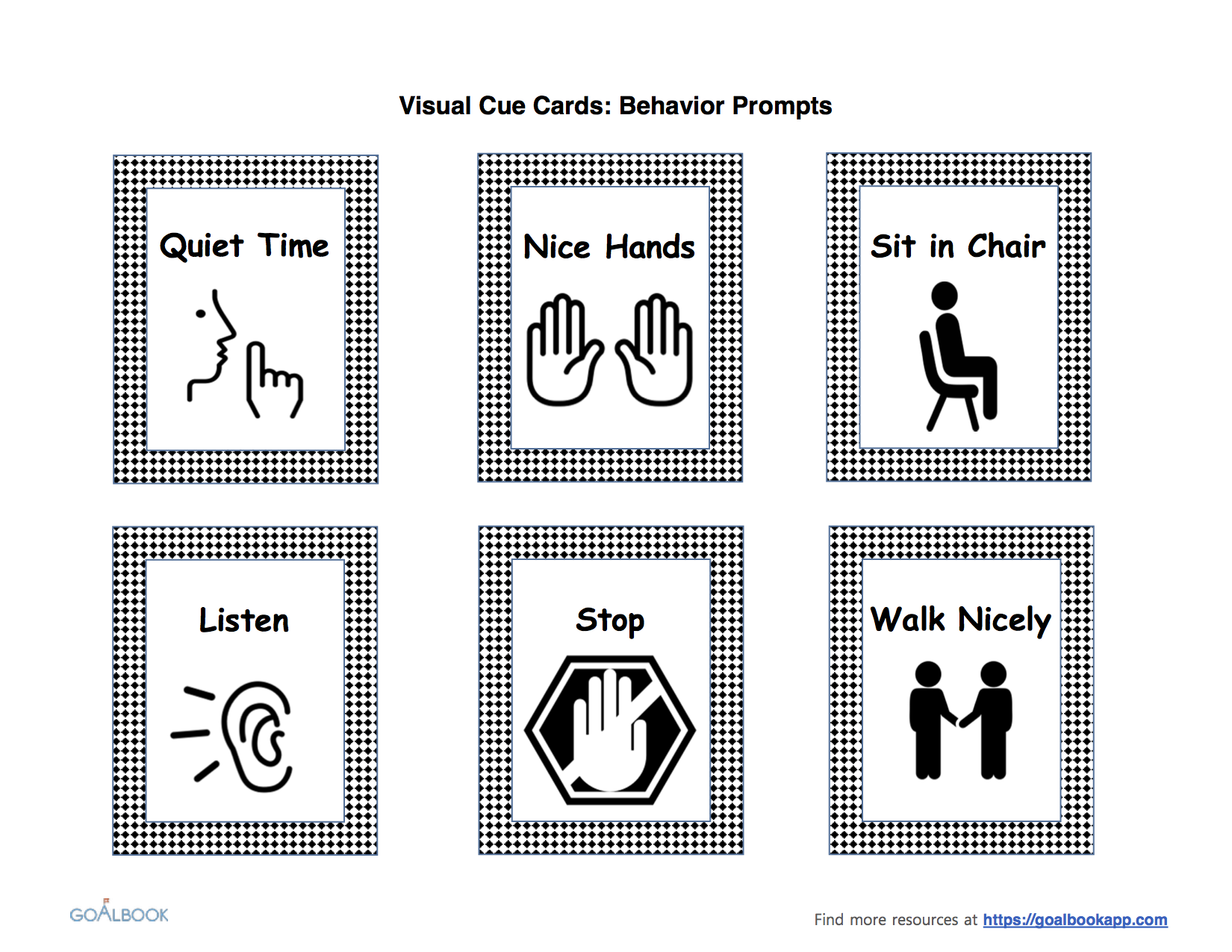 Visual cue cards for behaviour guidance of children.