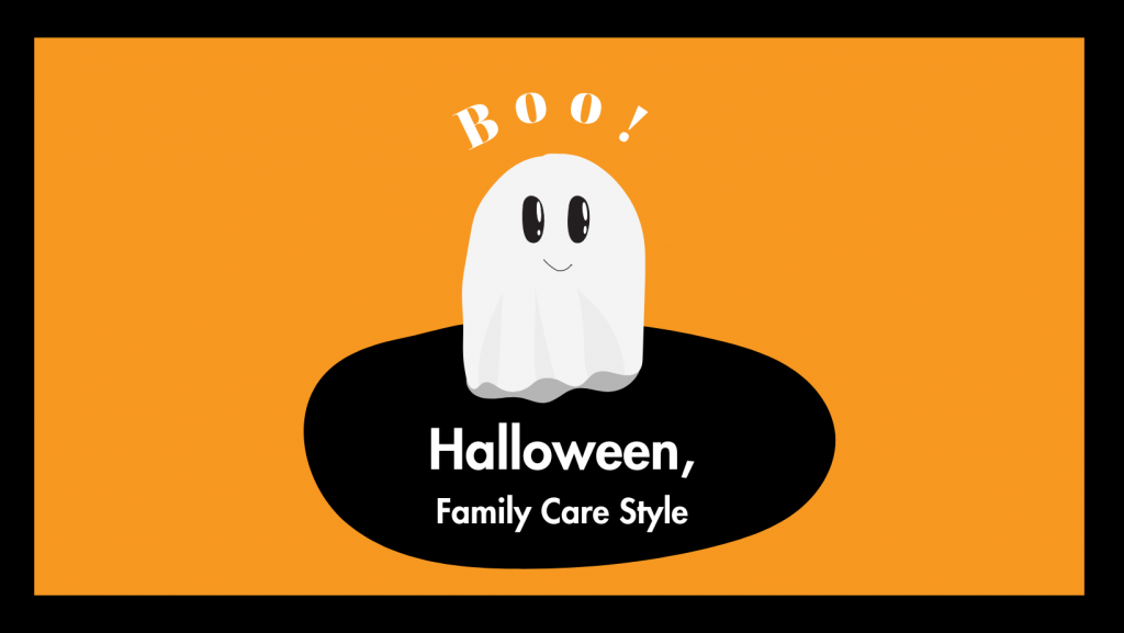 Ghost with text that says Boo! Halloween, Family Care Style