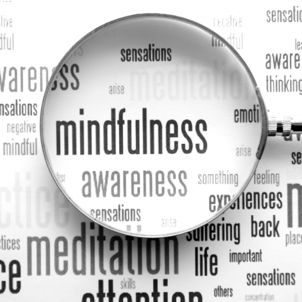 Magnifying glass against words: Mindfulness, awareness, meditation, attention