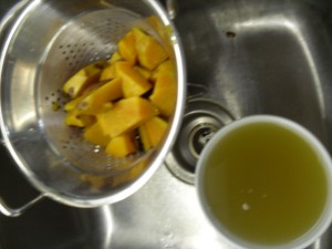 Drain water from sweet potatos, but keep it to add to soup later on!
