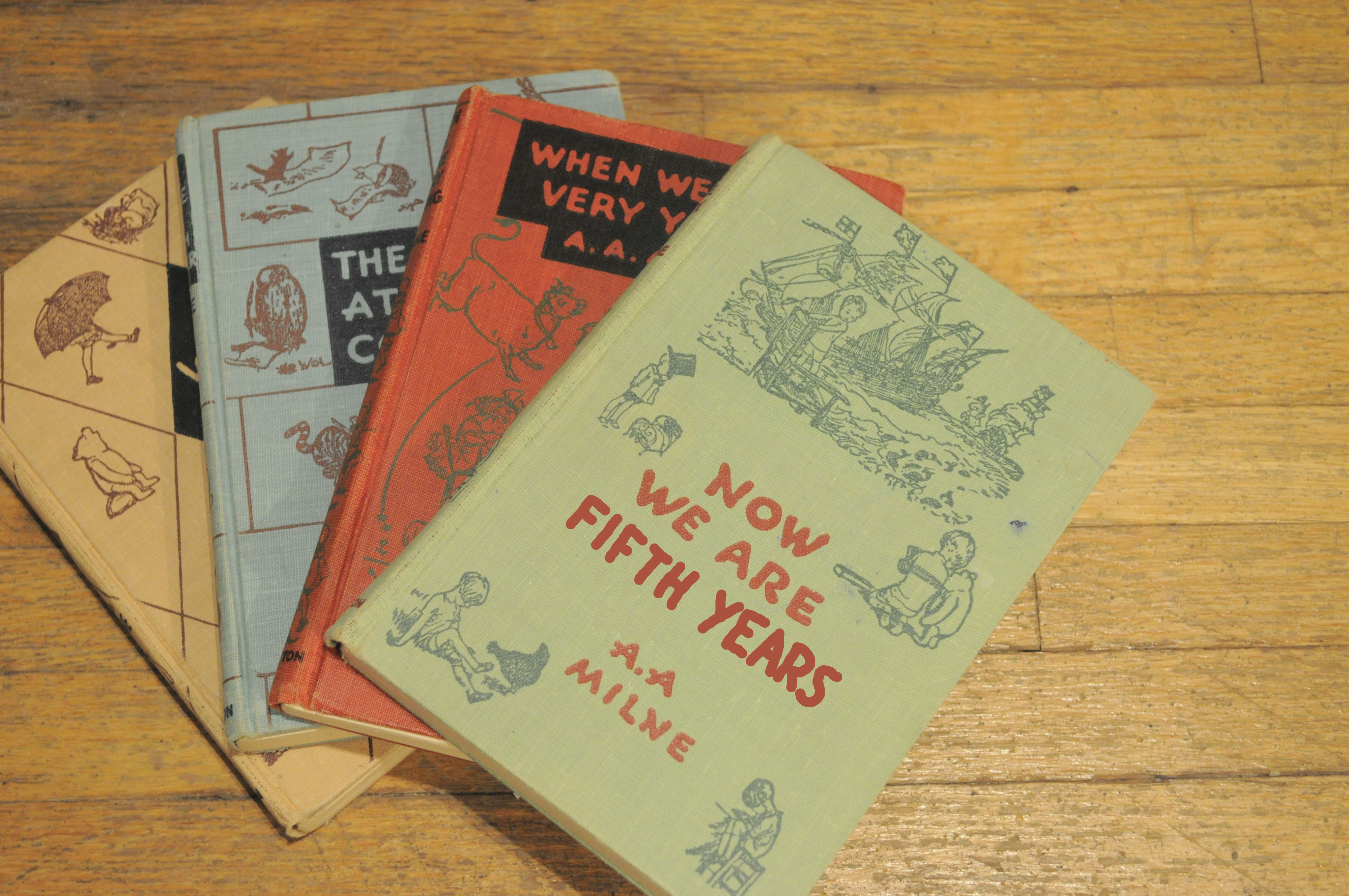 Photo of A.A. Milne books, photoshopped to read "Now We Are Fifth Years"