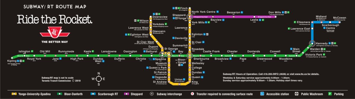 The Toronto Transit Commission's (TTC) subway map. The top left corner of the image reads, "Ride the Rocket."