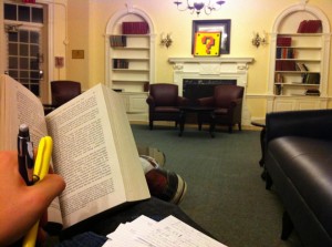 Sitting in the fancy little common room lounge of Whitney Hall, holding a gigantic Stalin book amidts the Victorian-style decor
