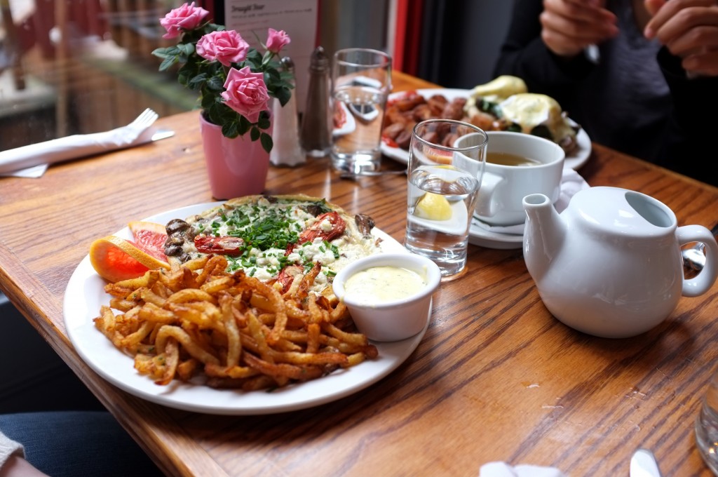 picture of brunch food: fries, eggs, tea