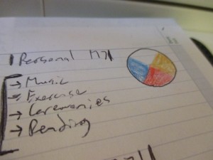 A list of personal action items (music, exercise, ceremonies, reading) and a medicine wheel drawn in my large agenda book