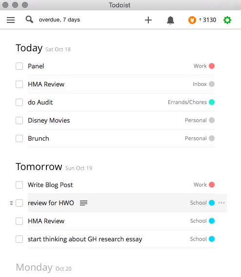 screenshot of to do list showing that I need to do various readings, fun things like brunch, community crew panel, and disney movies are also scheduled in