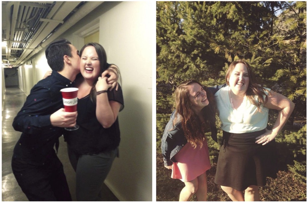 Left Photo: Rachael laughing with friend in hallway. Right photo: Rachael and female friend buckled-over from laughing outdoors in front of trees. 