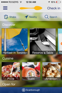 Phone screenshot of Urbanspoon App homepage. It shows options for search, reserve table and hottest in Toronto.