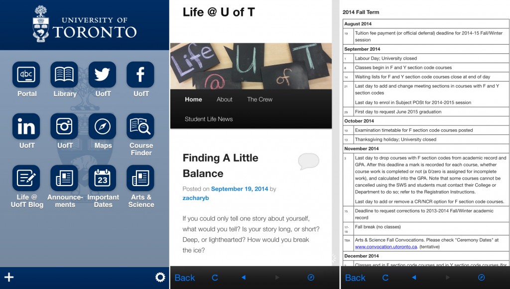 u of t app screenshots: "dashboard" of different U of T apps and bookmarked web pages. Screenshot of this blog, screenshot of important dates 