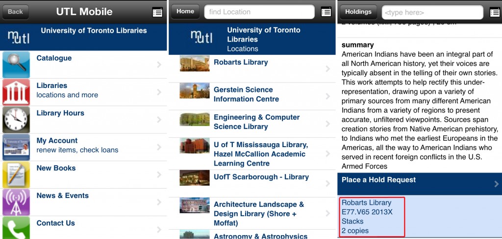 three screenshots of the u of t libraries app showing main page, search results,  the page that shows the book information after you click on a search result 