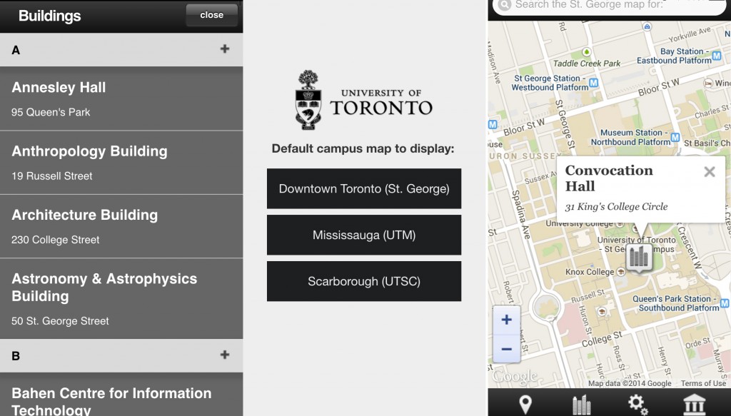 three screenshots of map app showing list of  buildings, home page where you choose which campus, and map image of campus 
