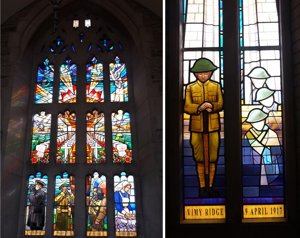 two images: the left one showing the large stained glass feauturing 3 soldiers, a nurse, a peace dove in the top corner, a sunburst in the middle falling over rows of crosses and headstones. 