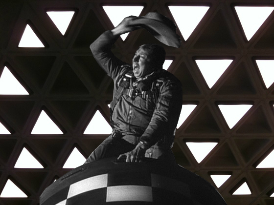 Photo of Major Kong riding the bomb from the movie Dr Strangelove precariously photoshopped on top of a backdrop of the triangle lights from Robarts.