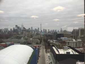 Looking south over all of the awesome buildings of campus, towards all the huge towers down by Toronto's waterfront (including the CN Tower)