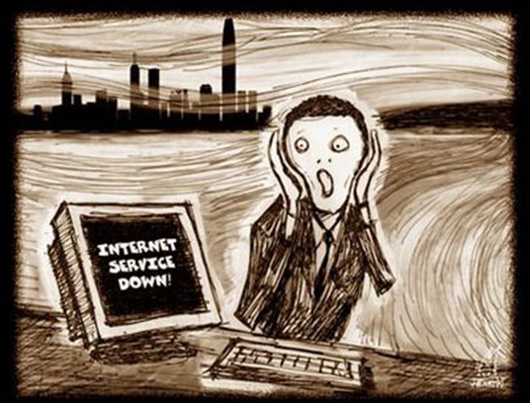 "The Scream" painting, but with a computer screen added which reads "Internet service down"