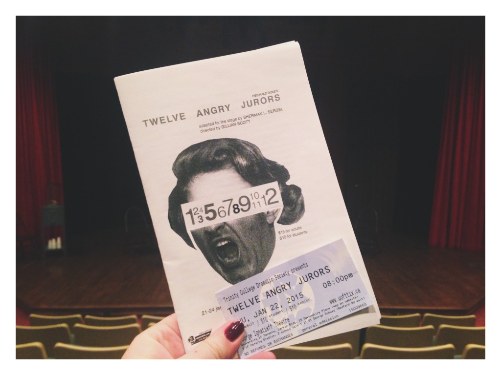 a picture of my theatre program and ticket. The program reads "TCDS presents the twelve angry jurors, with a picture of a screaming head in which the eyes are covered by the numbers 1-12