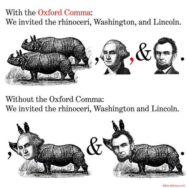 Picture depicting how "We invited the rhinoceri, Washington, and Lincoln, could be taken in two completely different ways, depending on how one implements their Oxford commas. The photoshop job is a little lazy, but the sentiment is cute.