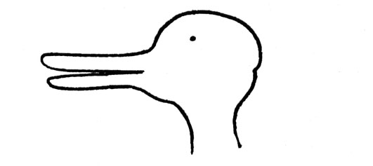 Photo of Wittgenstein's famous duck-rabbit. An ambiguous image which looks like a duck, or like a rabbit, depending on your perspective and your familiarity with ducks or rabbits in general.