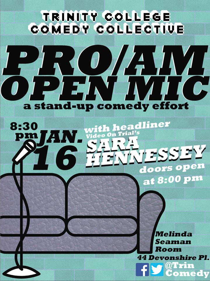 The poster for our event. The event was on January 16th at 8:30pm, and Sara Hennessey was supposed to headline. 