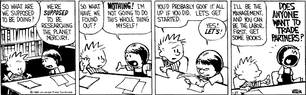Part of a series of Calvin and Hobbes comics on groupwork. Calvin thinks he's sooo cool. But he's not. Suzie is holding the group together.